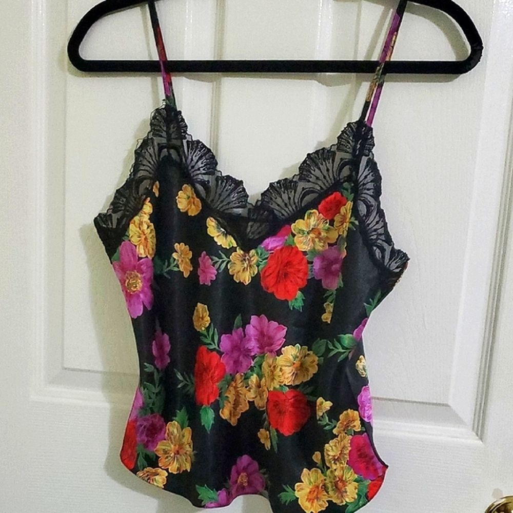 VTG Victoria's Secret Gold Label Black Colorful Floral Lace Trim Camisole Top M